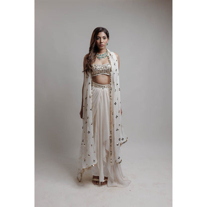 Neha Tarun Ivory Asymmetrical Skirt with Blouse and Dupatta (Set of 3)