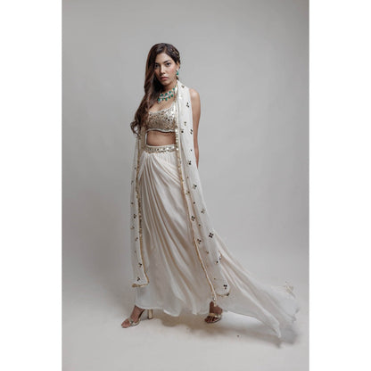 Neha Tarun Ivory Asymmetrical Skirt with Blouse and Dupatta (Set of 3)