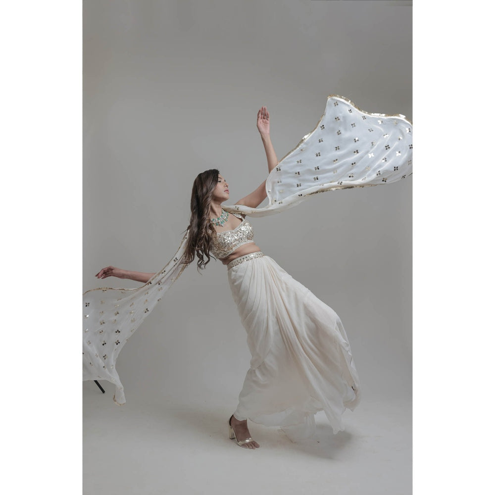 Neha Tarun Ivory Asymmetrical Skirt with Blouse and Dupatta (Set of 3)