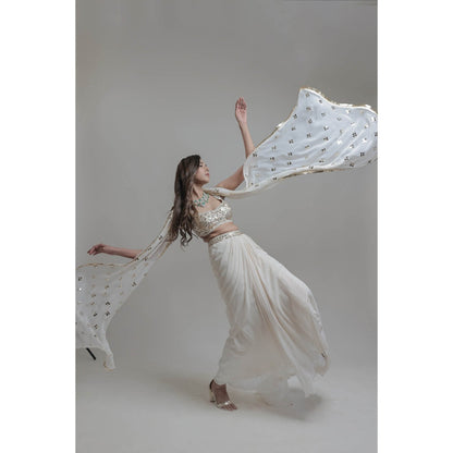 Neha Tarun Ivory Asymmetrical Skirt with Blouse and Dupatta (Set of 3)