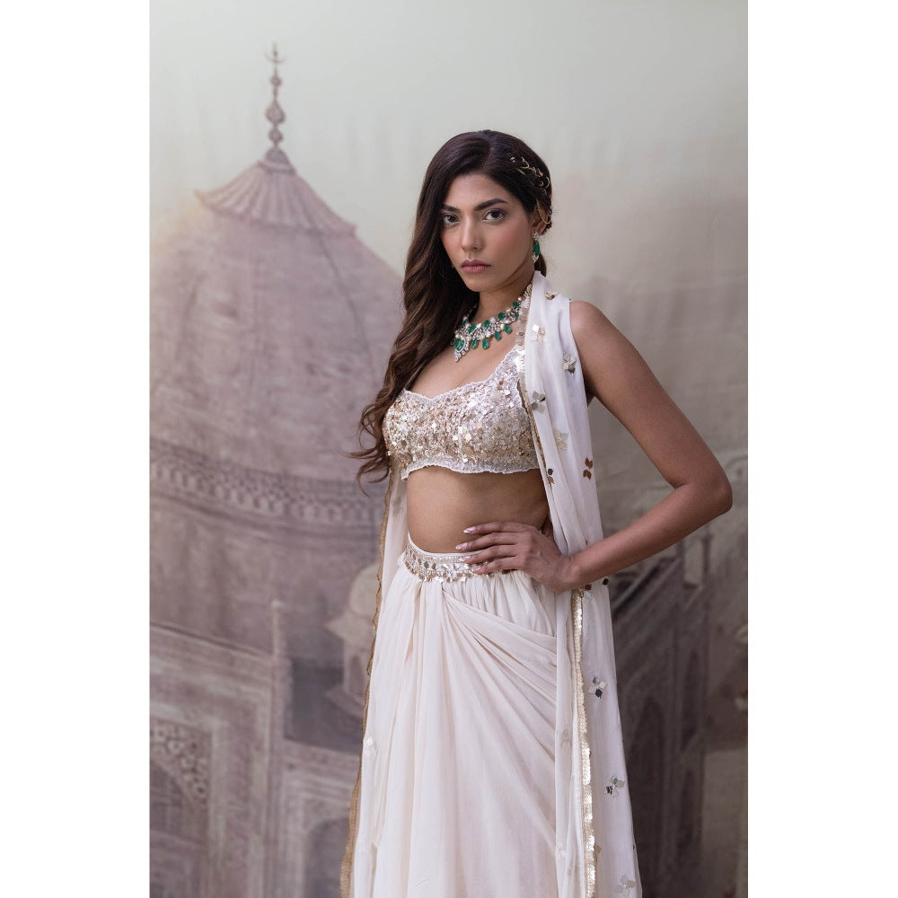 Neha Tarun Ivory Asymmetrical Skirt with Blouse and Dupatta (Set of 3)