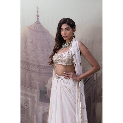 Neha Tarun Ivory Asymmetrical Skirt with Blouse and Dupatta (Set of 3)