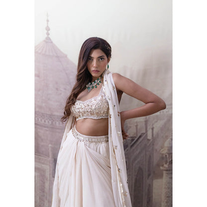 Neha Tarun Ivory Asymmetrical Skirt with Blouse and Dupatta (Set of 3)