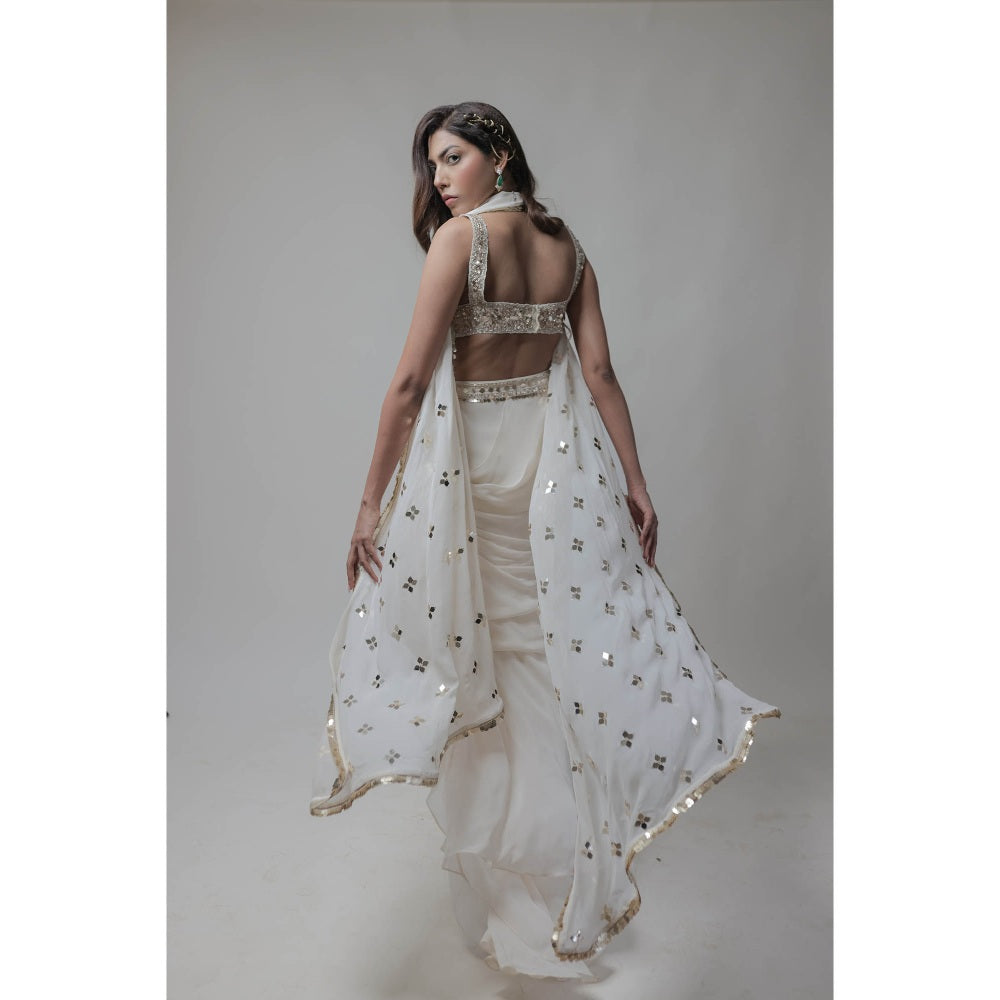 Neha Tarun Ivory Asymmetrical Skirt with Blouse and Dupatta (Set of 3)