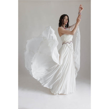 Neha Tarun Ivory Full Length Gown with Attached Drape and Belt (Set of 2)
