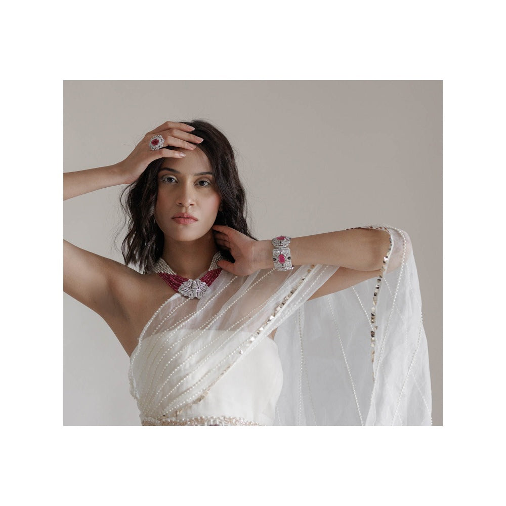Neha Tarun Ivory Full Length Gown with Attached Drape and Belt (Set of 2)