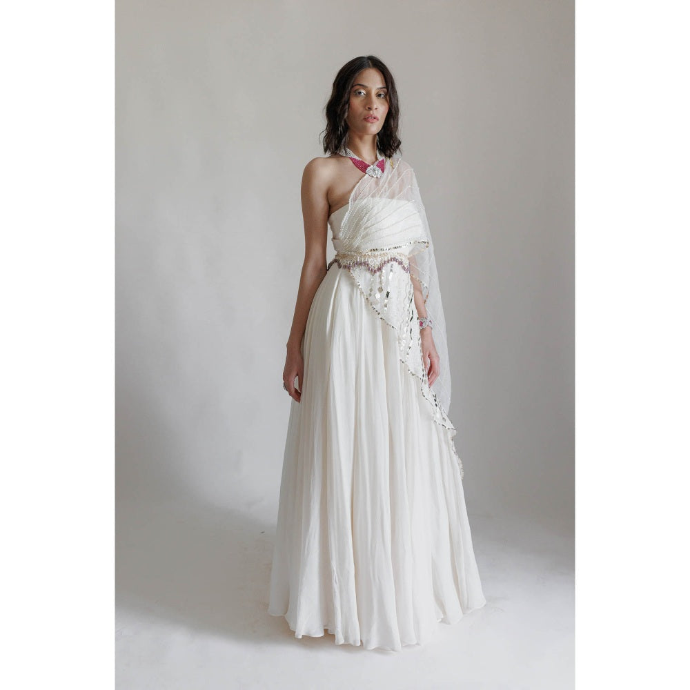 Neha Tarun Ivory Full Length Gown with Attached Drape and Belt (Set of 2)