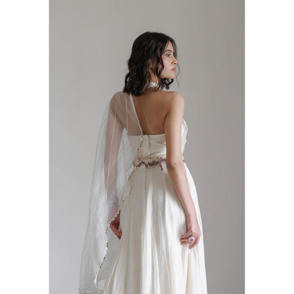 Neha Tarun Ivory Full Length Gown with Attached Drape and Belt (Set of 2)