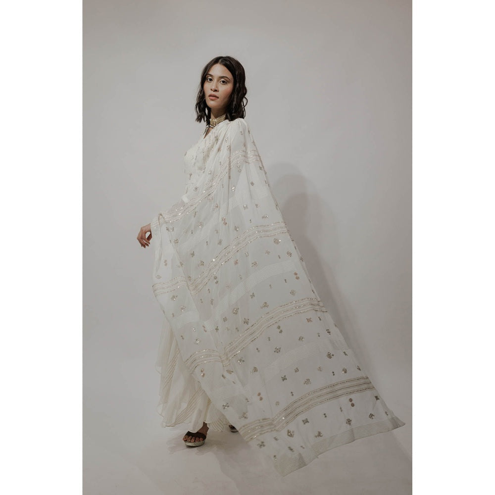 Neha Tarun White Embroidered Kurta with Attached Dupatta and Pant (Set of 2)