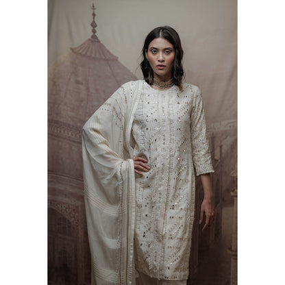 Neha Tarun Off White Embroidered Kurta with Pant and Dupatta (Set of 3)