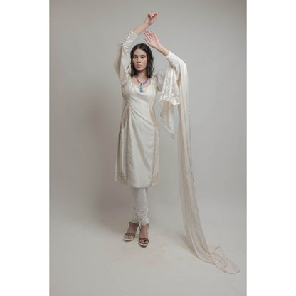 Neha Tarun Off White Embroidered Kurta with Churidar and Dupatta (Set of 3)