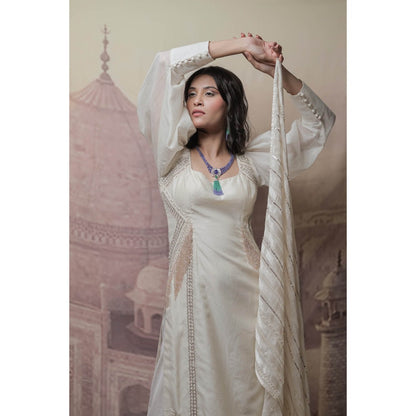 Neha Tarun Off White Embroidered Kurta with Churidar and Dupatta (Set of 3)
