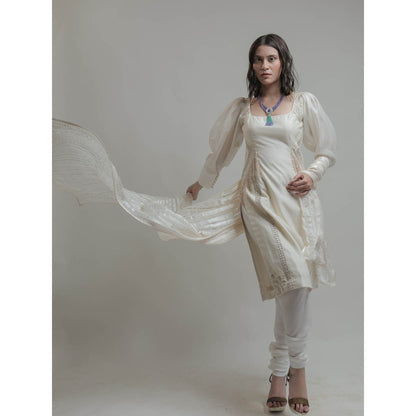 Neha Tarun Off White Embroidered Kurta with Churidar and Dupatta (Set of 3)