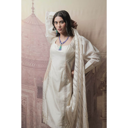 Neha Tarun Off White Embroidered Kurta with Churidar and Dupatta (Set of 3)