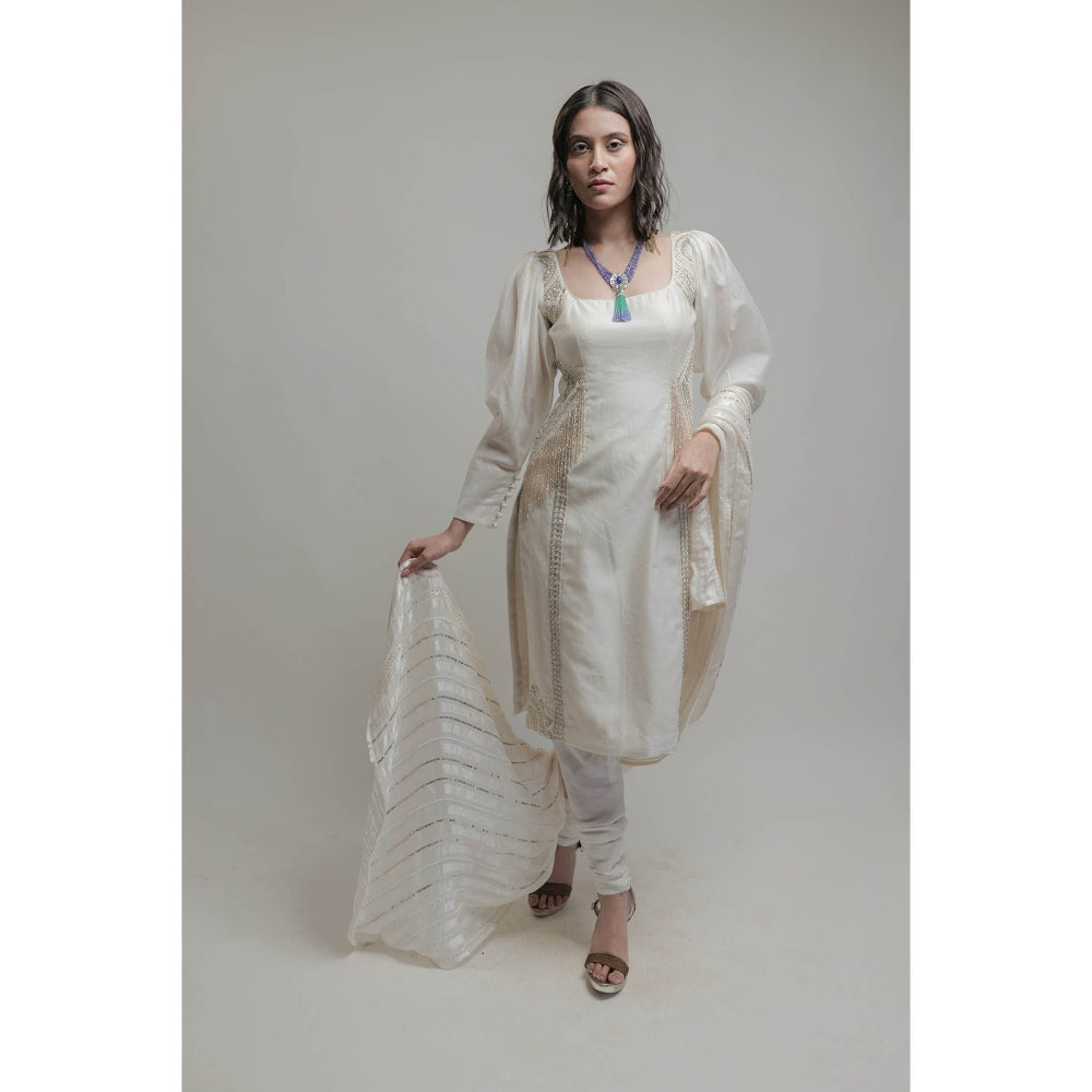 Neha Tarun Off White Embroidered Kurta with Churidar and Dupatta (Set of 3)