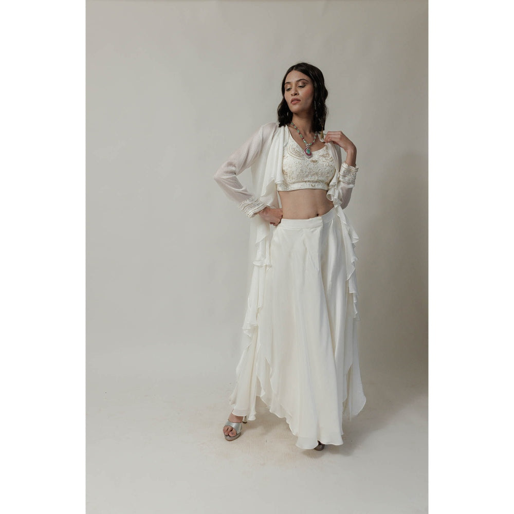 Neha Tarun Ivory Embroidered Blouse with Palazzo and Frill Jacket (Set of 3)
