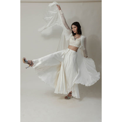 Neha Tarun Ivory Embroidered Blouse with Palazzo and Frill Jacket (Set of 3)