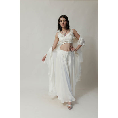Neha Tarun Ivory Embroidered Blouse with Palazzo and Frill Jacket (Set of 3)