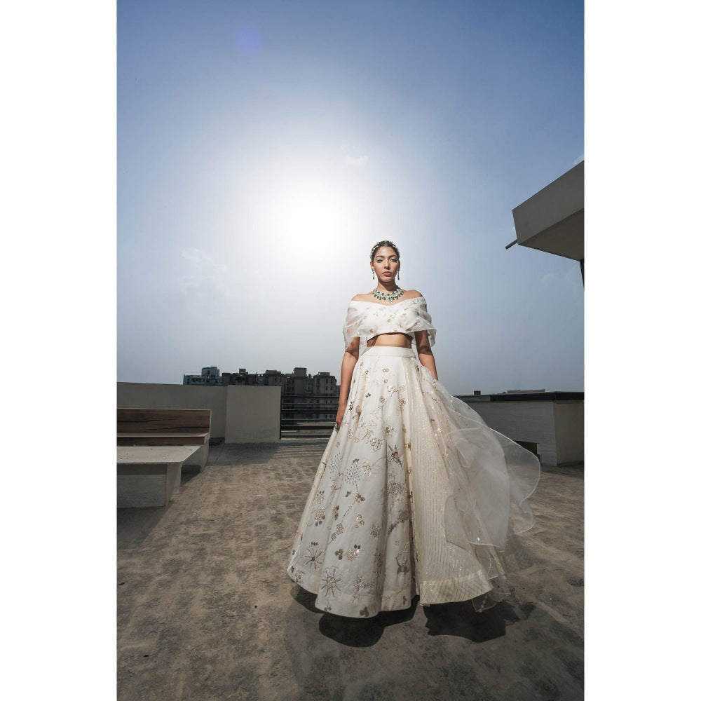 Neha Tarun Ivory Multi Layered Lehenga with Off Shoulder Blouse (Set of 2)