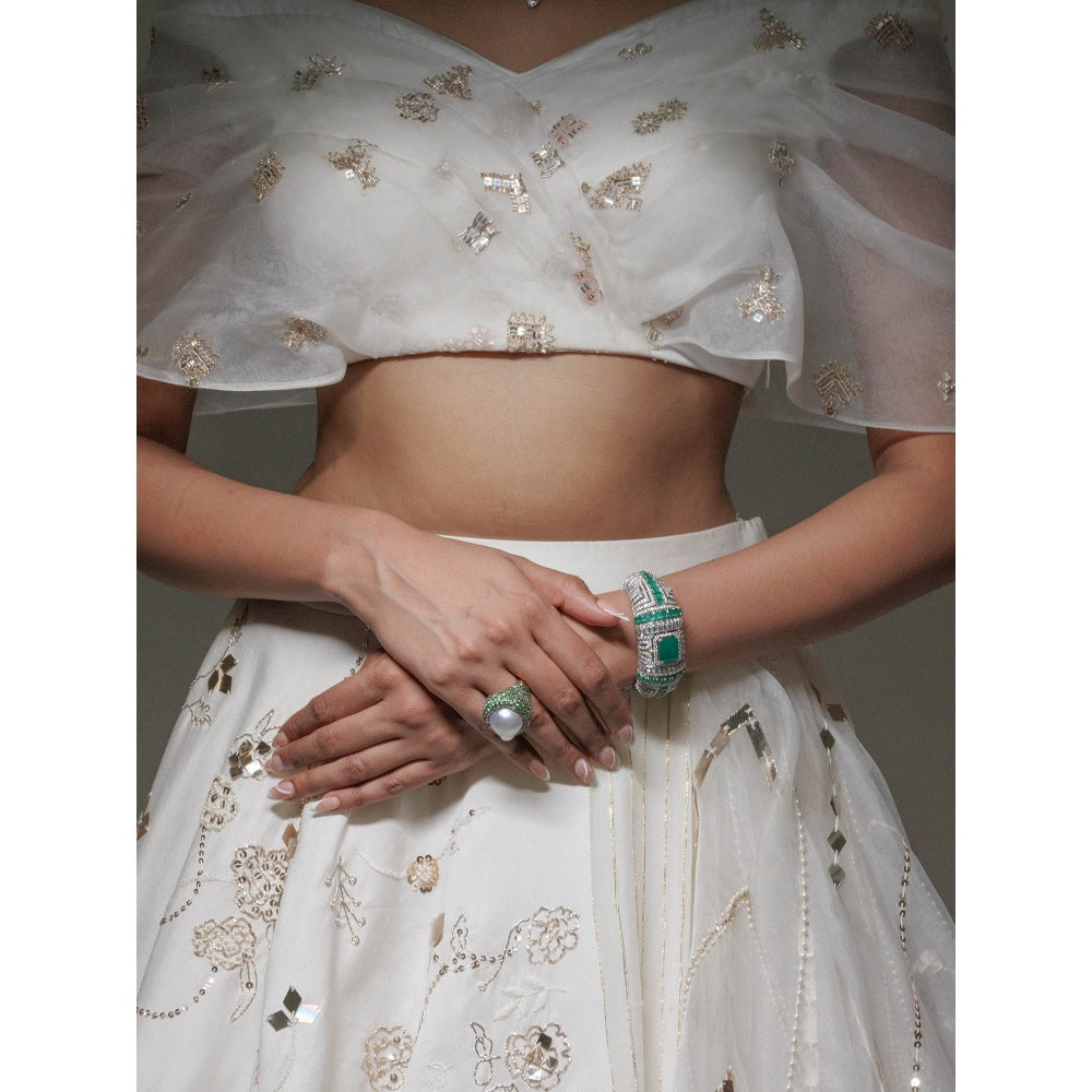 Neha Tarun Ivory Multi Layered Lehenga with Off Shoulder Blouse (Set of 2)