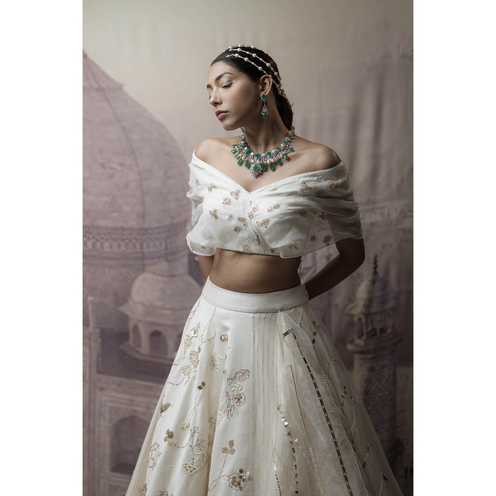 Neha Tarun Ivory Multi Layered Lehenga with Off Shoulder Blouse (Set of 2)