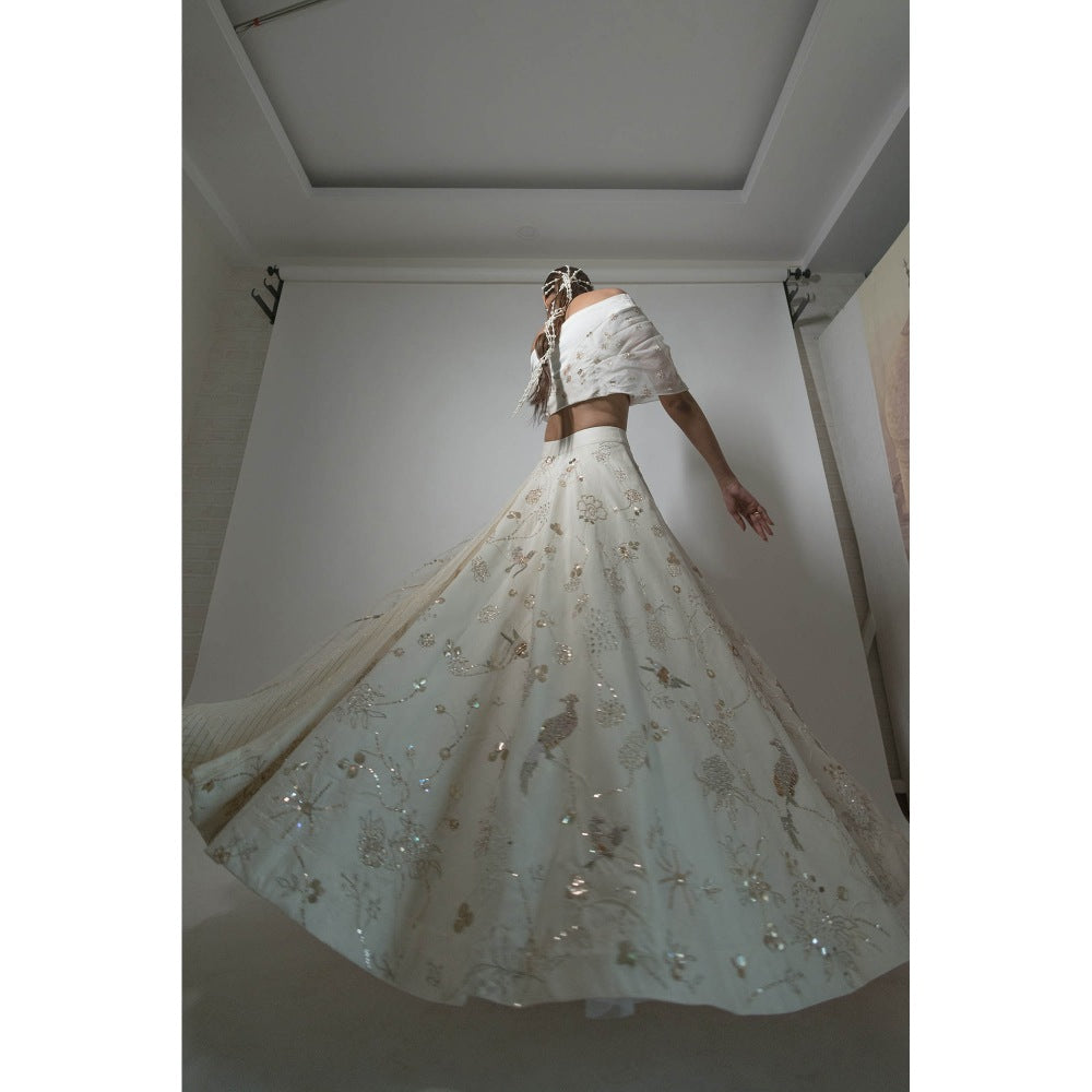 Neha Tarun Ivory Multi Layered Lehenga with Off Shoulder Blouse (Set of 2)
