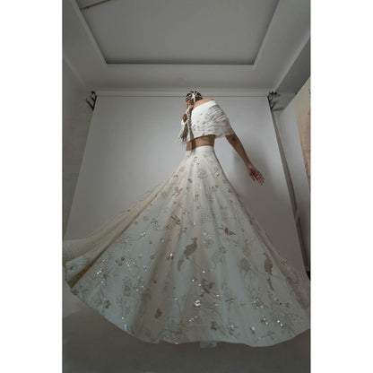 Neha Tarun Ivory Multi Layered Lehenga with Off Shoulder Blouse (Set of 2)