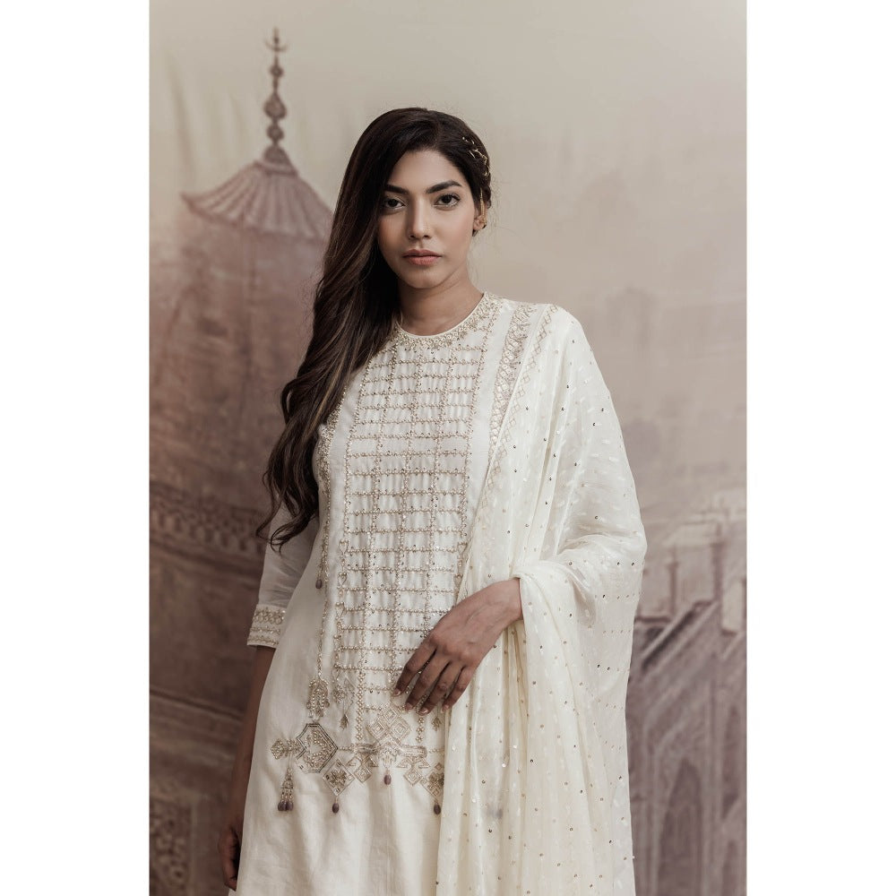 Neha Tarun Ivory A-Line Kurta with Pakistani Salwar and Dupatta (Set of 3)