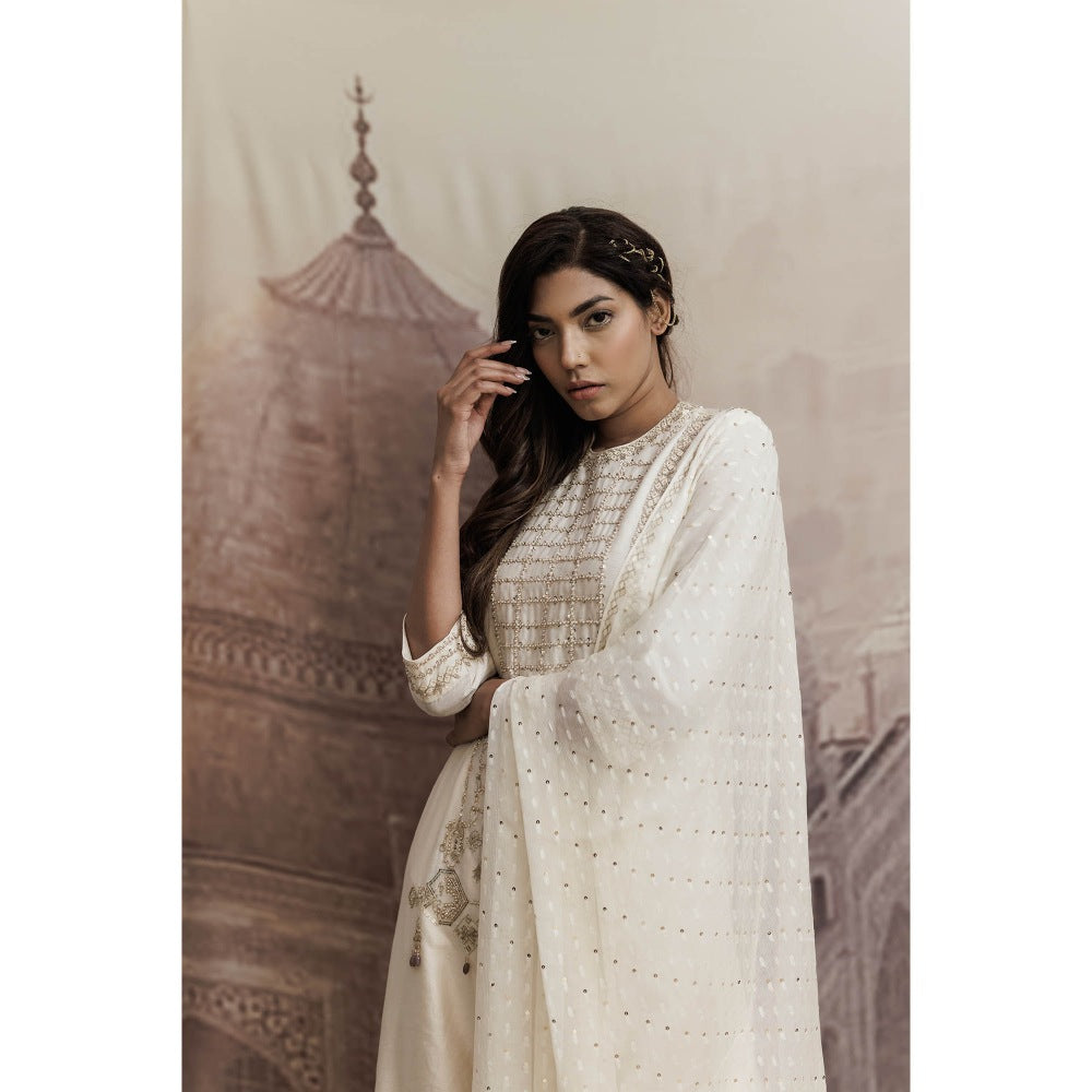 Neha Tarun Ivory A-Line Kurta with Pakistani Salwar and Dupatta (Set of 3)
