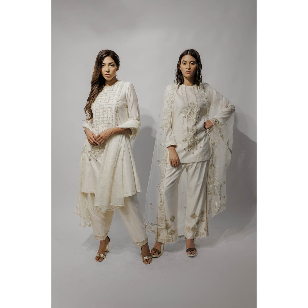 Neha Tarun Ivory A-Line Kurta with Pakistani Salwar and Dupatta (Set of 3)