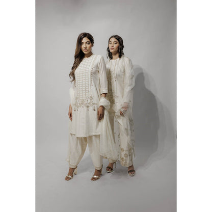 Neha Tarun Ivory A-Line Kurta with Pakistani Salwar and Dupatta (Set of 3)