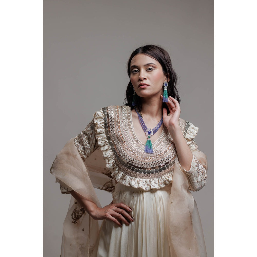 Neha Tarun Ivory Embroidered Anarkali with Churidar and Dupatta (Set of 3)