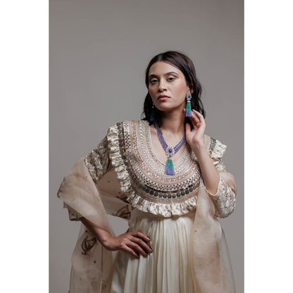 Neha Tarun Ivory Embroidered Anarkali with Churidar and Dupatta (Set of 3)