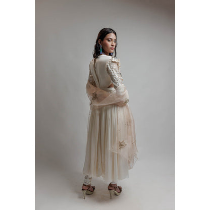 Neha Tarun Ivory Embroidered Anarkali with Churidar and Dupatta (Set of 3)