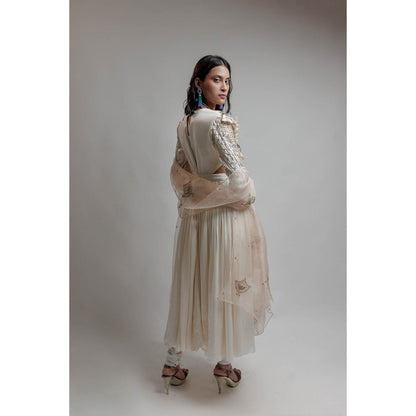 Neha Tarun Ivory Embroidered Anarkali with Churidar and Dupatta (Set of 3)
