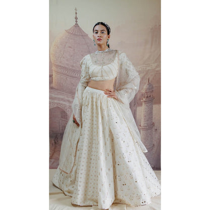 Neha Tarun Off White High Neck Blouse with Lehenga and Dupatta (Set of 3)