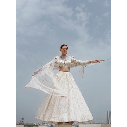 Neha Tarun Off White High Neck Blouse with Lehenga and Dupatta (Set of 3)