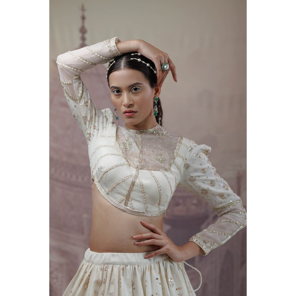 Neha Tarun Off White High Neck Blouse with Lehenga and Dupatta (Set of 3)