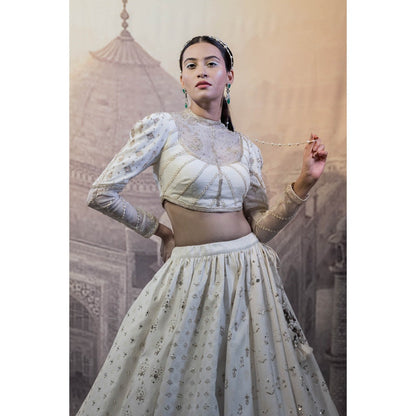 Neha Tarun Off White High Neck Blouse with Lehenga and Dupatta (Set of 3)