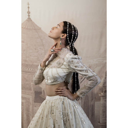Neha Tarun Off White High Neck Blouse with Lehenga and Dupatta (Set of 3)