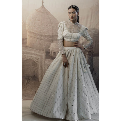 Neha Tarun Off White High Neck Blouse with Lehenga and Dupatta (Set of 3)