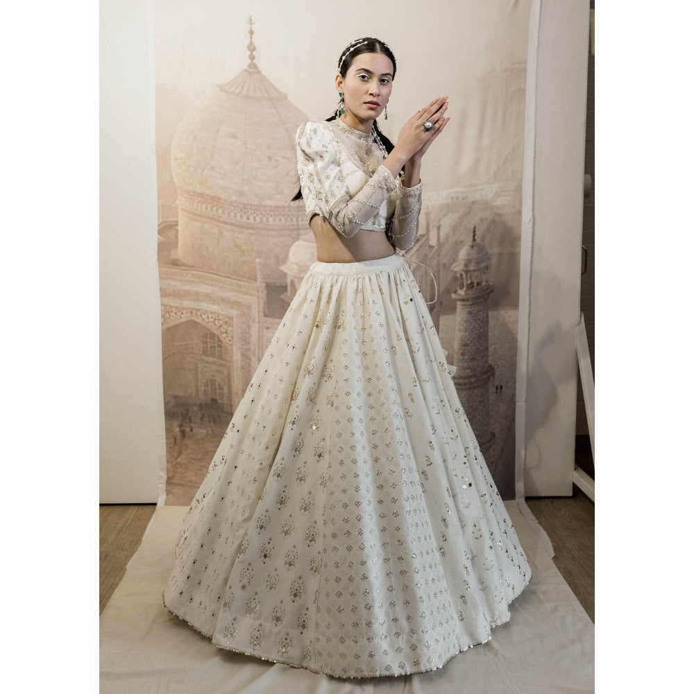 Neha Tarun Off White High Neck Blouse with Lehenga and Dupatta (Set of 3)