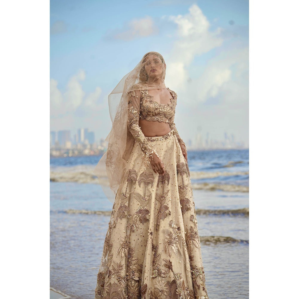 Neha Tarun Gold Embroidered Lehenga with Blouse and Dupatta (Set of 3)