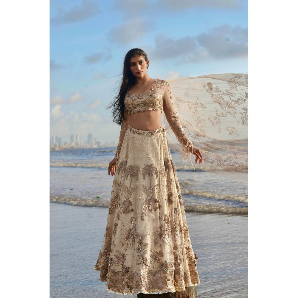 Neha Tarun Gold Embroidered Lehenga with Blouse and Dupatta (Set of 3)