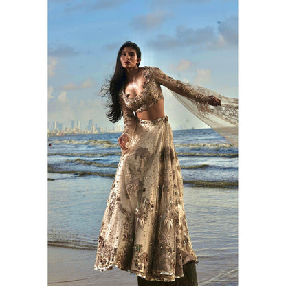 Neha Tarun Gold Embroidered Lehenga with Blouse and Dupatta (Set of 3)