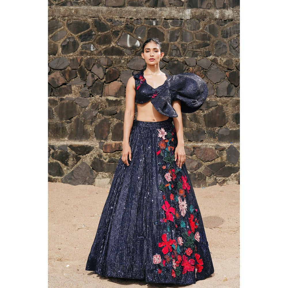 Neha Tarun Blue Sequenced Patchwork Lehenga with Blouse (Set of 2)