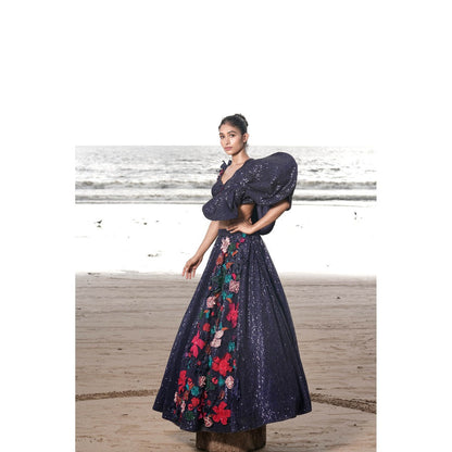 Neha Tarun Blue Sequenced Patchwork Lehenga with Blouse (Set of 2)