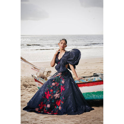 Neha Tarun Blue Sequenced Patchwork Lehenga with Blouse (Set of 2)