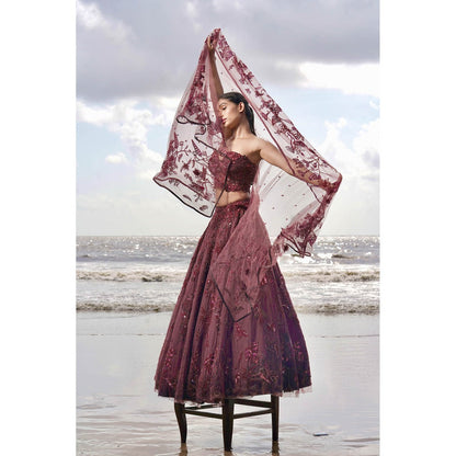 Neha Tarun Burgundy Embroidered Lehenga with Blouse and Dupatta (Set of 3)