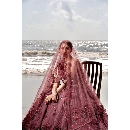 Neha Tarun Burgundy Embroidered Lehenga with Blouse and Dupatta (Set of 3)